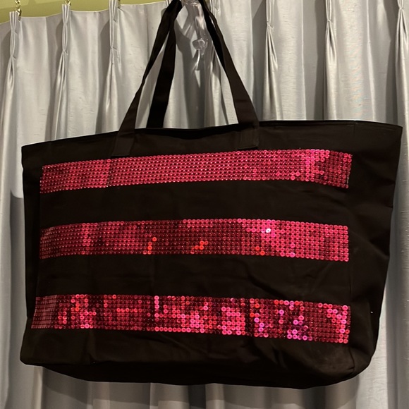 NWT Victoria's Secret Pink Sequin Stripe Weekender Bag w/ "VS" in Black Letters - Picture 3 of 12